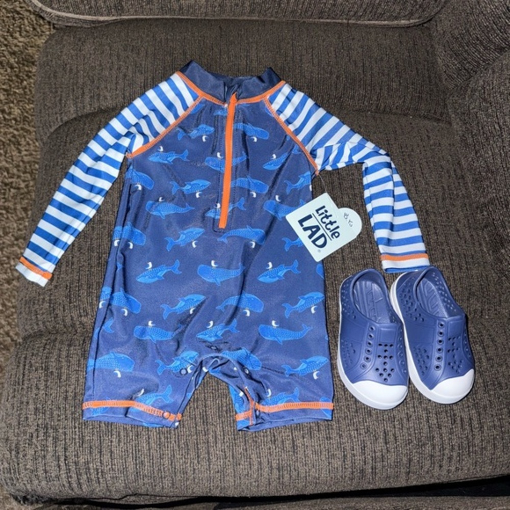 Whale Print Swimsuit with Striped Accents